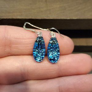 925 Sterling Silver Handmade Blue And Black Glass Dangle Earrings